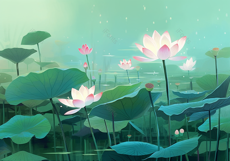 绿色点点微光照荷花,插画/手绘图,插画/手绘图库,插画/手绘图下载,插画/手绘
